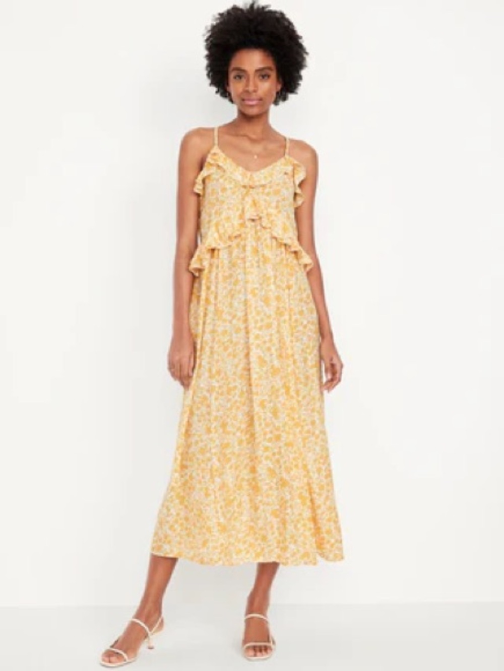 Sleeveless Ruffled Satin Midi Dress - XS Petite. Yellow Floral NWOT